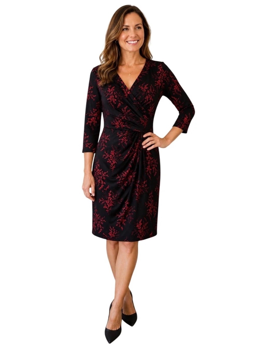 Ralph Lauren Black Dress with Red Floral Print, Three-Quarter Sleeves